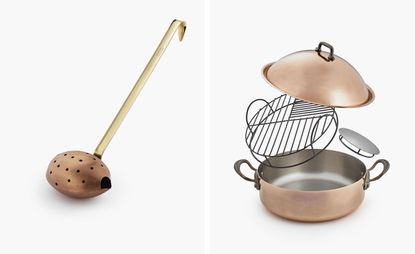 Left: Jenna Kaes’ oval ladle can act as a colander, separating solids and liquids. Right: an indoor smoker by Jenna Kaes