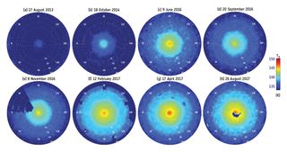 Brightness maps of the stratospheric hexagonal vortex at Saturn’s north pole, as seen by the Composite Infrared Spectrometer instrument aboard the Cassini spacecraft. From left to right, the panels date to Aug. 17, 2013; Oct. 18, 2014; June 9, 2016; Sept. 20, 2016 (top row); Nov. 8 2016; Feb. 12, 2017; April 17, 2017; and Aug. 26, 2017 (bottom row).
