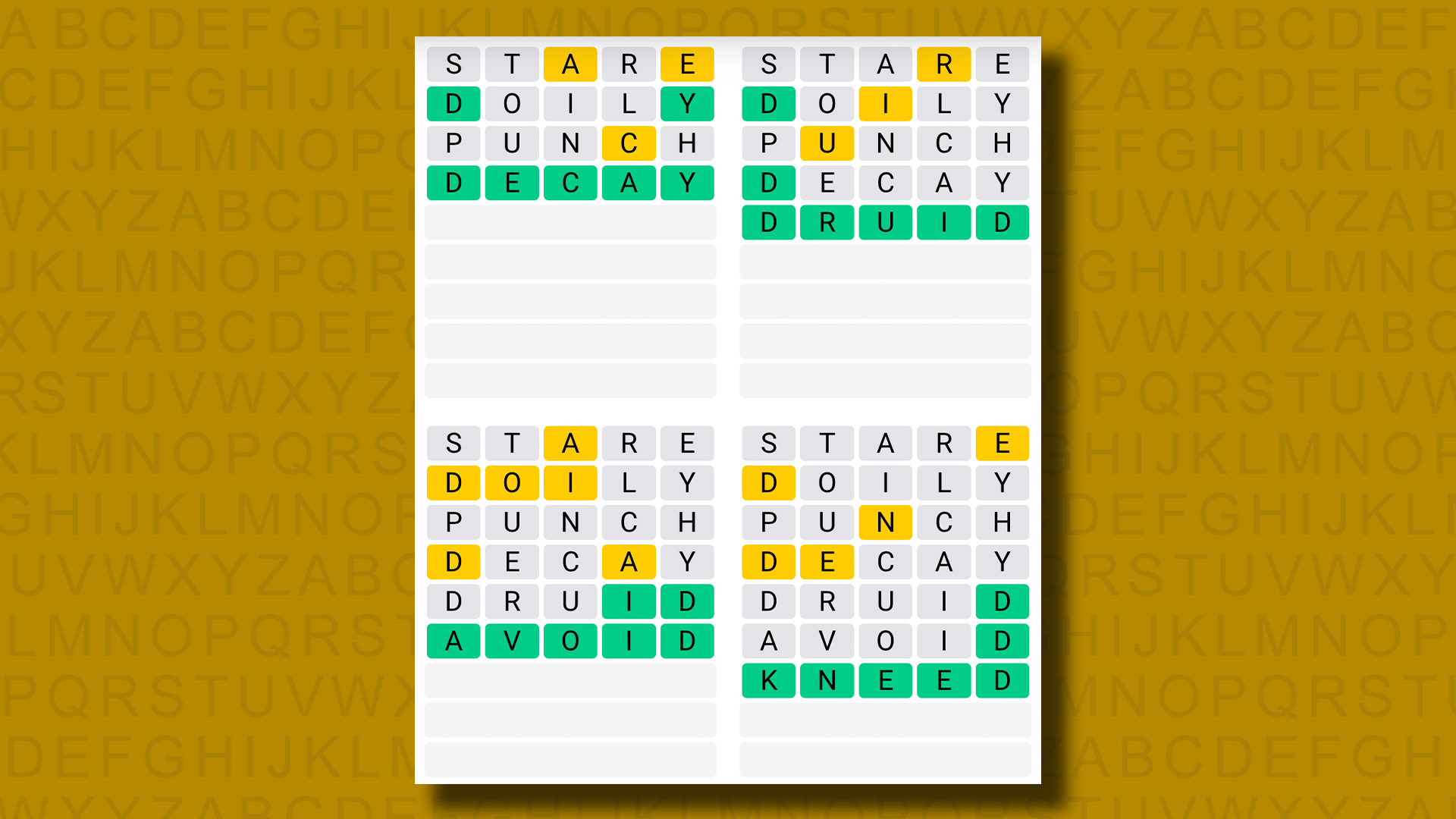 Respuestas de Quordle para el juego 948 sobre fondo amarillo