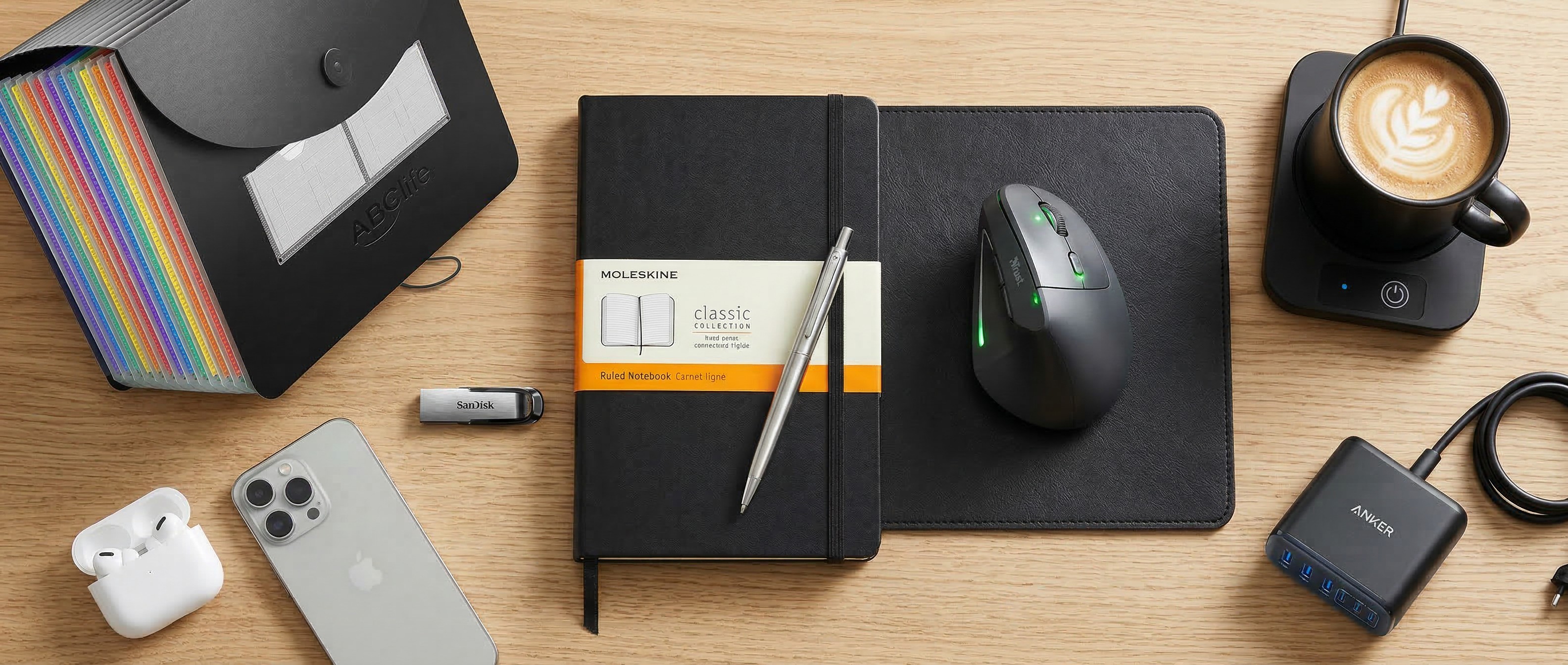 A selection of desk accessories in a home office