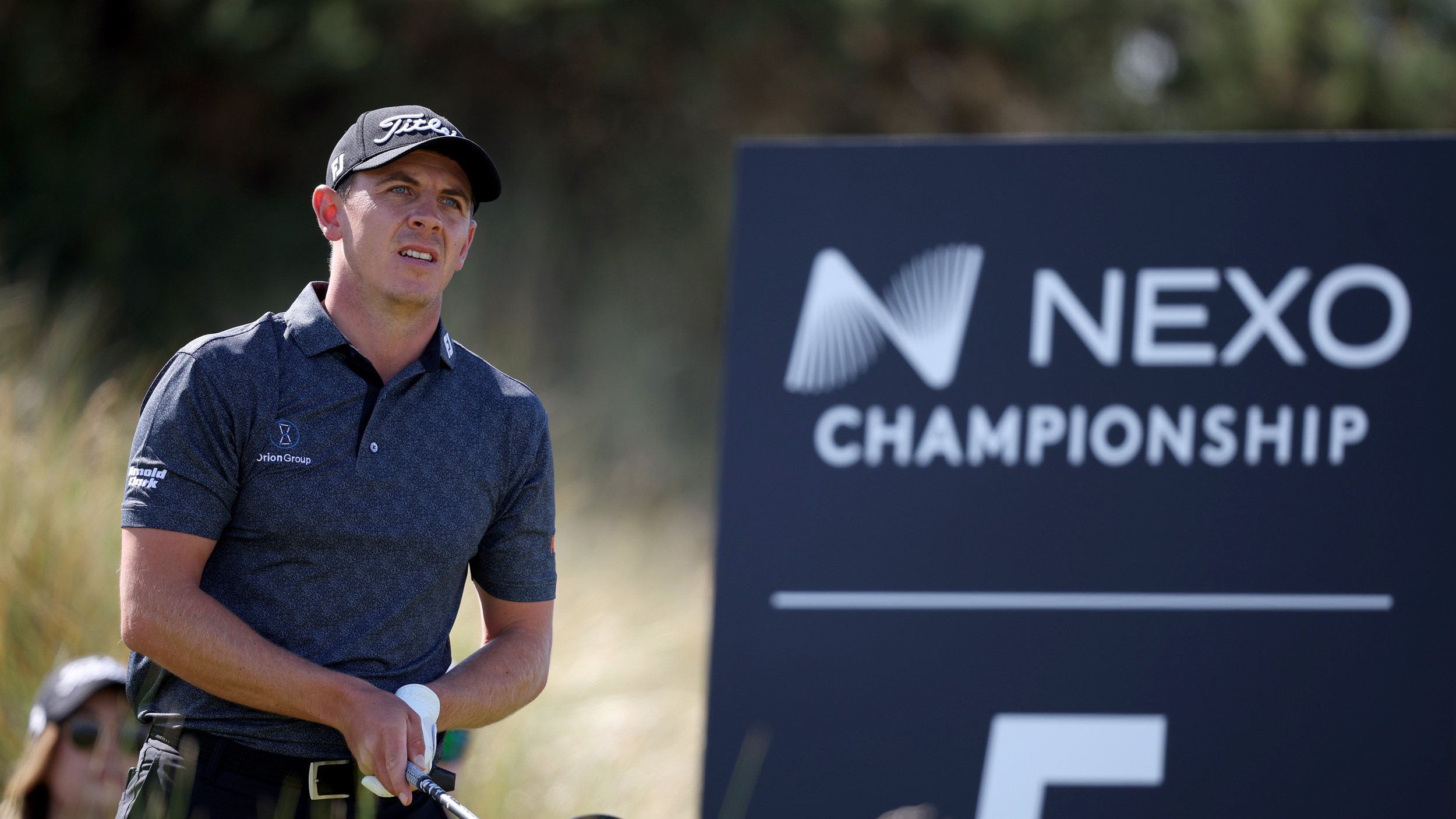 Grant Forrest tees off on the fifth hole of Trump International Golf Links&#039; Old Course during day four of the 2025 Nexo Championship