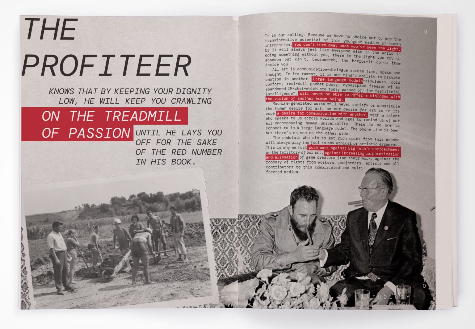 Summer Eternal Anthology Volume 1 open to page titled "The Profiteer" with image of Fidel Castro smoking a cigar next to a man in a suit.