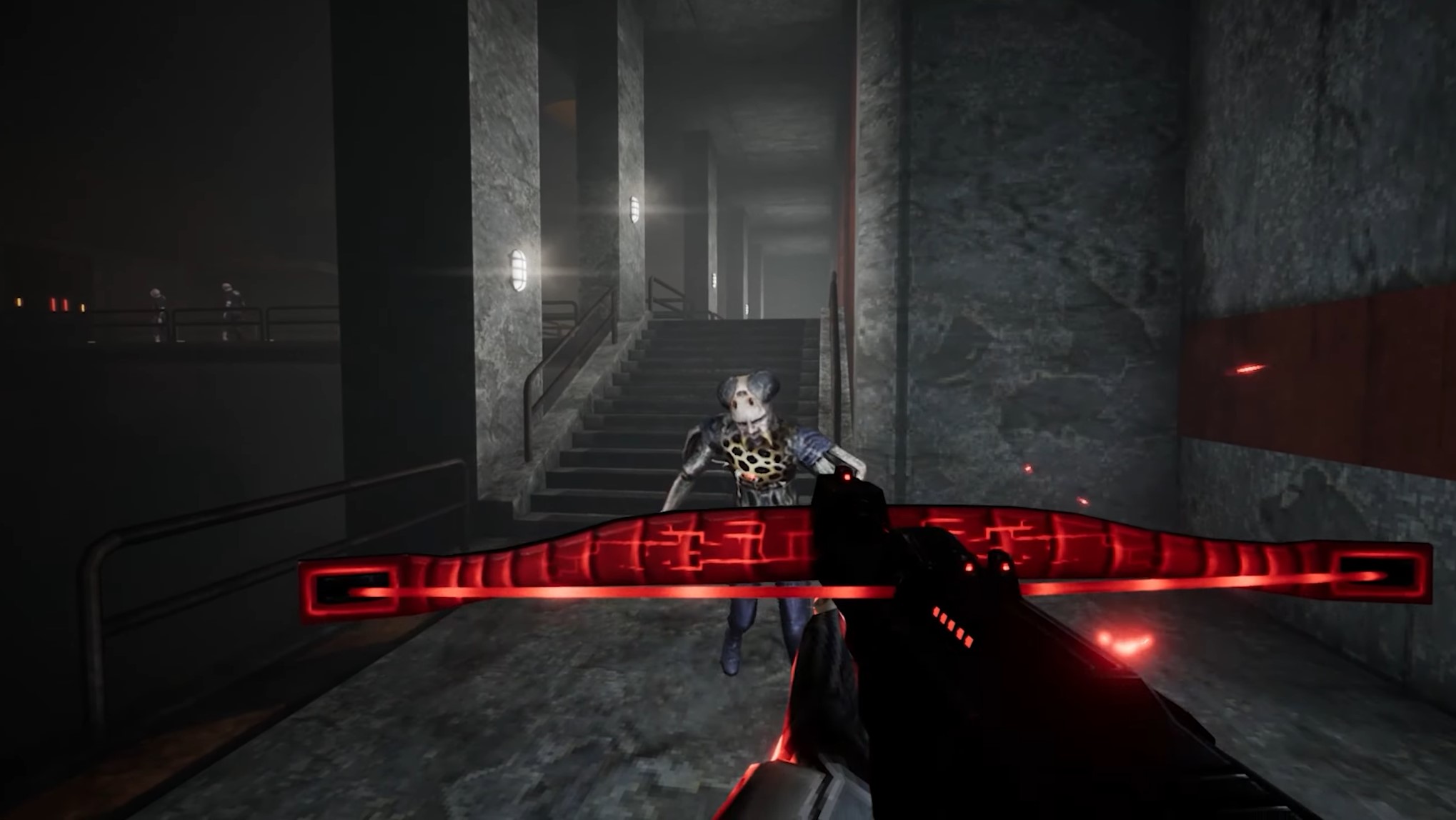 facing down some manner of arcane horror in darkened room with glowing red crossbow.