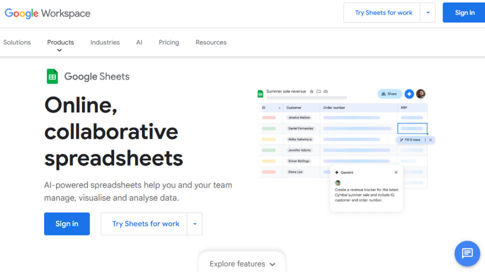 Google Sheets website screenshot (May 2025)