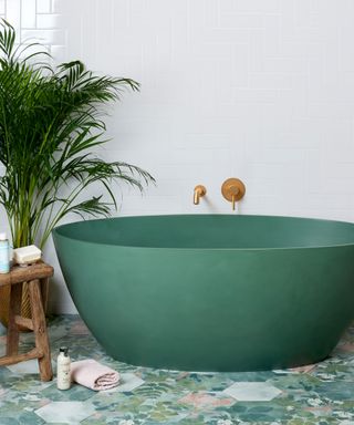 green bath in bathroom with houseplant