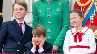 Prince George of Wales, Prince Louis of Wales and Princess Charlotte of Wales on the balcony during Trooping the Colour on June 17, 2023 in London, England. Trooping the Colour is a traditional parade held to mark the British Sovereign's official birthday. It will be the first Trooping the Colour held for King Charles III since he ascended to the throne.