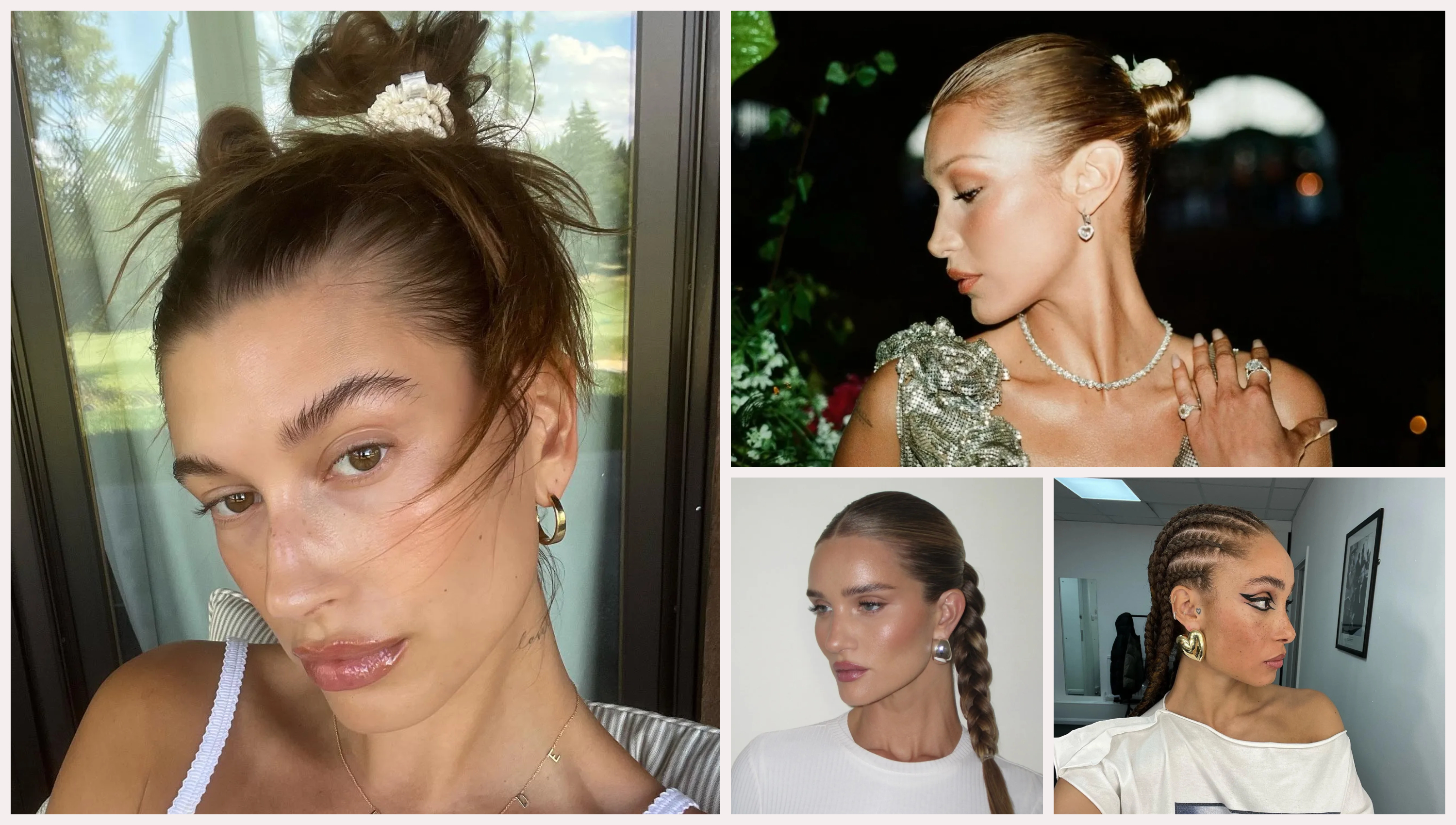 hailey bieber with space buns, rosie huntington-whitely with a sleek bun ponytail, Adwoa Aboah with stitch braids, bella hadid with a sleek bun and hair accessories