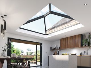 a roof lantern above a modern kitchen space