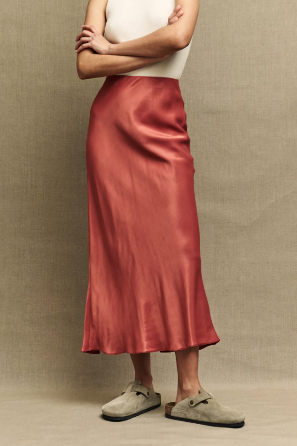 burnt orange satin midi skirt