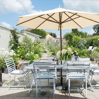 garden with plant in pots and white umbrella