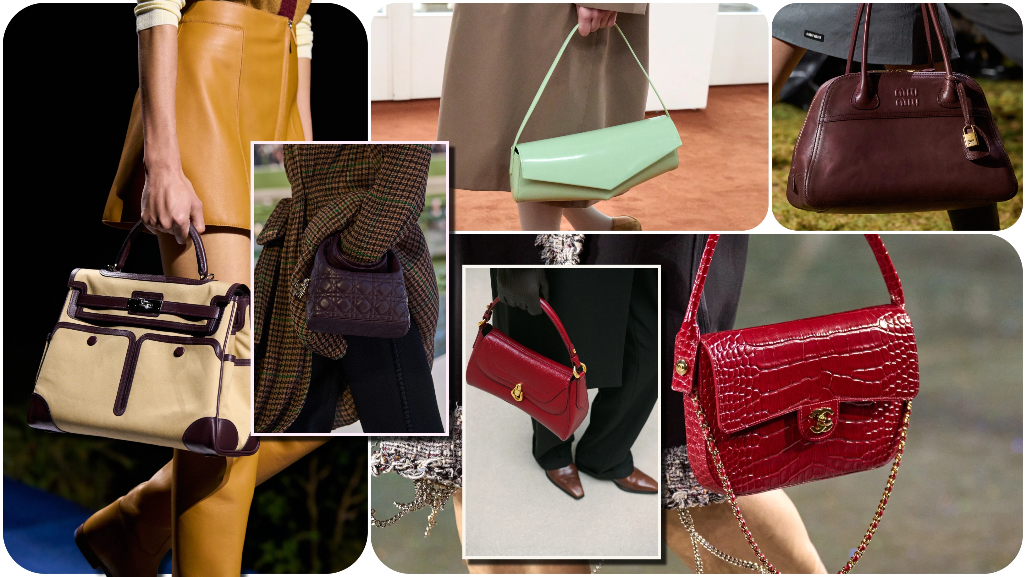 Collage of Fall 2026 runway handbags featuring structured top-handle bags in burgundy, cream, mint, and red leather.