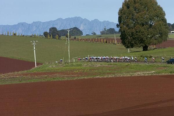 The peloton on the rural roads of North-West Tasmania with Mt.Roland in the background.