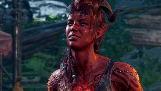 An image of Karlach, a muscular tiefling from Baldur's Gate 3, grinning wickedly as she's covered in blood.