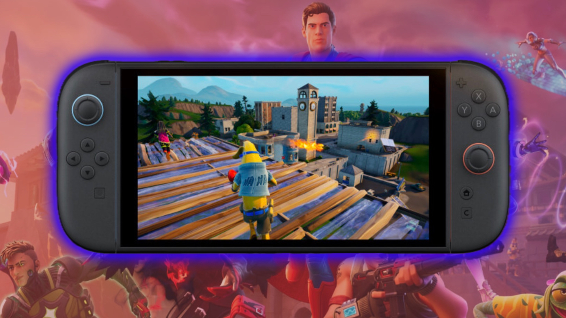 A picture of Fortnite running on the Nintendo Switch 2, with splash art of the game&#039;s characters in the background