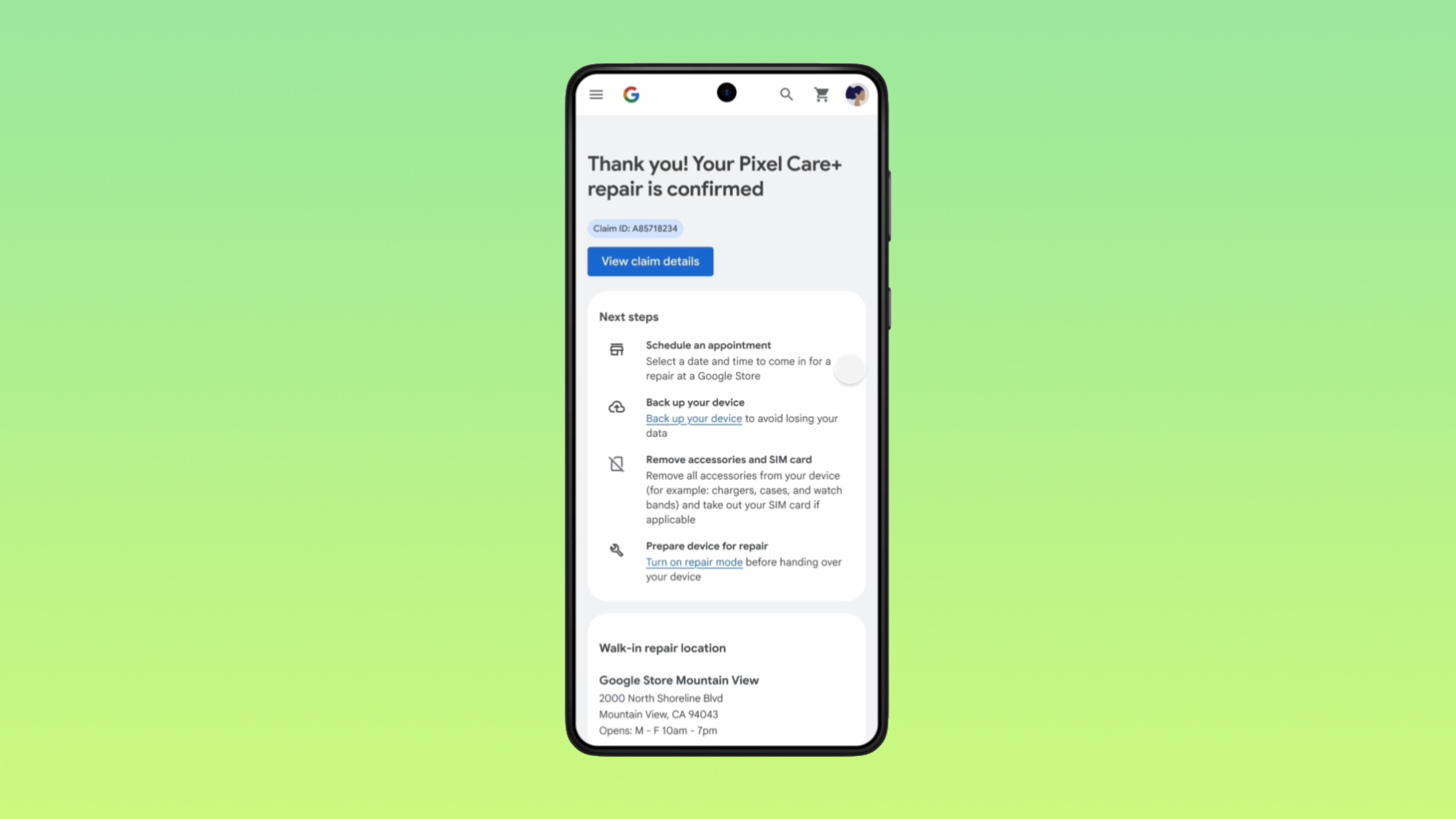 A repair facilitated by Google Pixel Care Plus.
