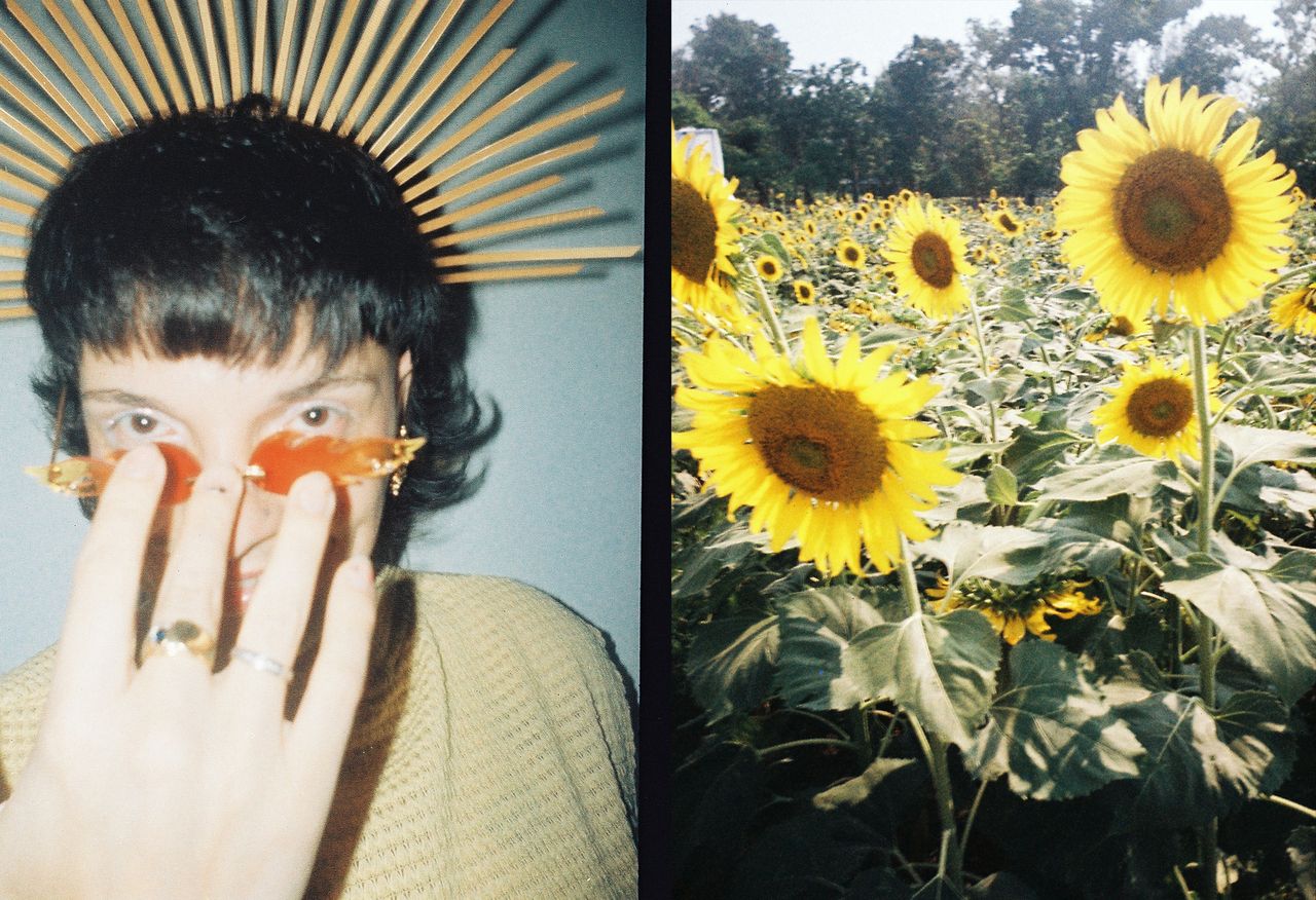 Sample images from the Lomography Half-frame Simple Use Reloadable Film Camera, side by side vertical frames showing a man wearing glasses and a field of sunflowers