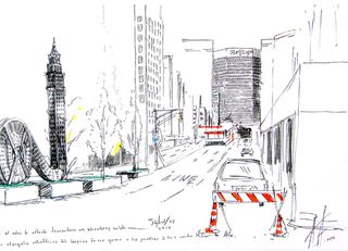 Black and white 'No Limits' illustration with hints of colour of Park Avenue, tall builidngs parked cars, road, Arrachea's sculpture, street lights