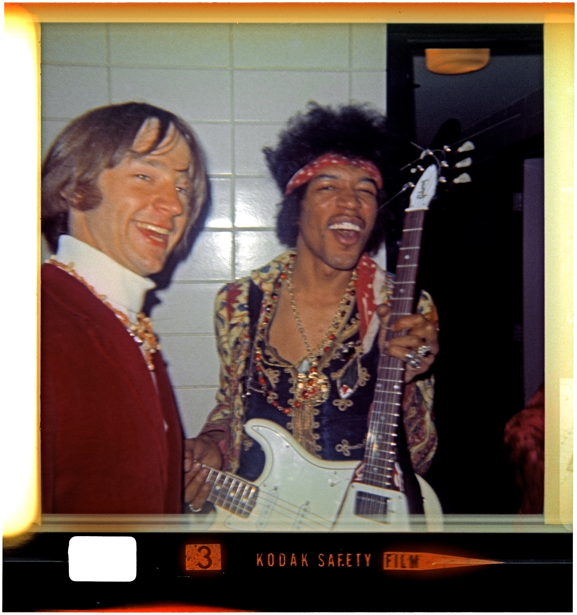 A photo of Monkees bassist Peter Tork and Jimi Hendrix on the 1967 tour when Hendrix opened for the Monkees