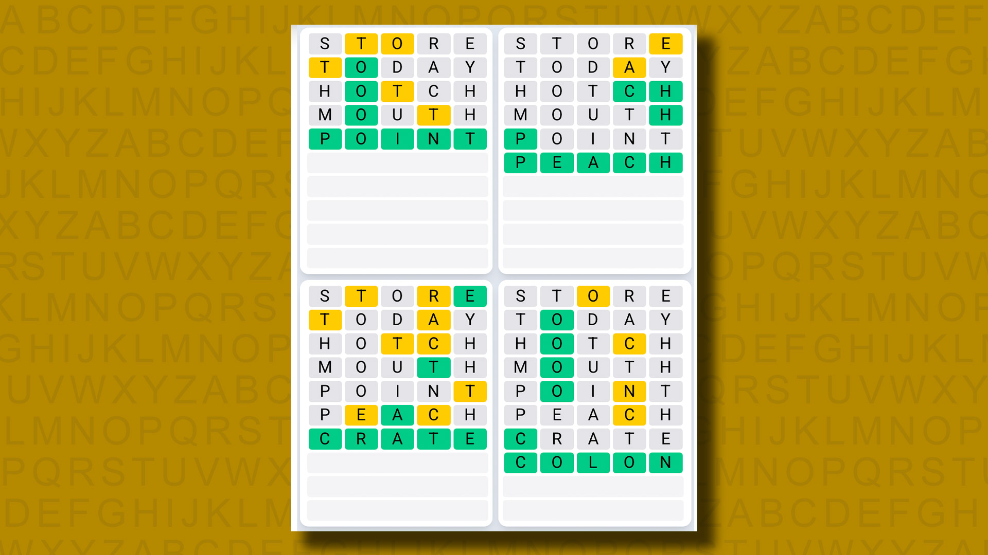 Quordle Daily Sequence answers for game 1338 on a yellow background