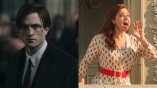 Robert Pattinson in The Batman and Amy Adams in Disenchanted, pictured side by side.