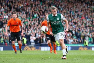 Jason Cummings misses the target with a Panenka penalty for Hibernian in their Scottish Cup semi-final against Dundee United in April 2016.
