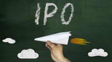 Concept art with "IPO" written above a paper airplane with a jet flare behind it