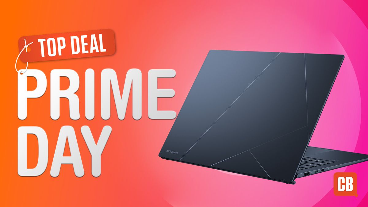 An ASUS Zenbook on a red and pink background next to the text Top Deal Prime Day