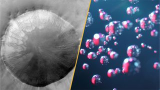 Split image of the Martian surface and free-floating atoms.