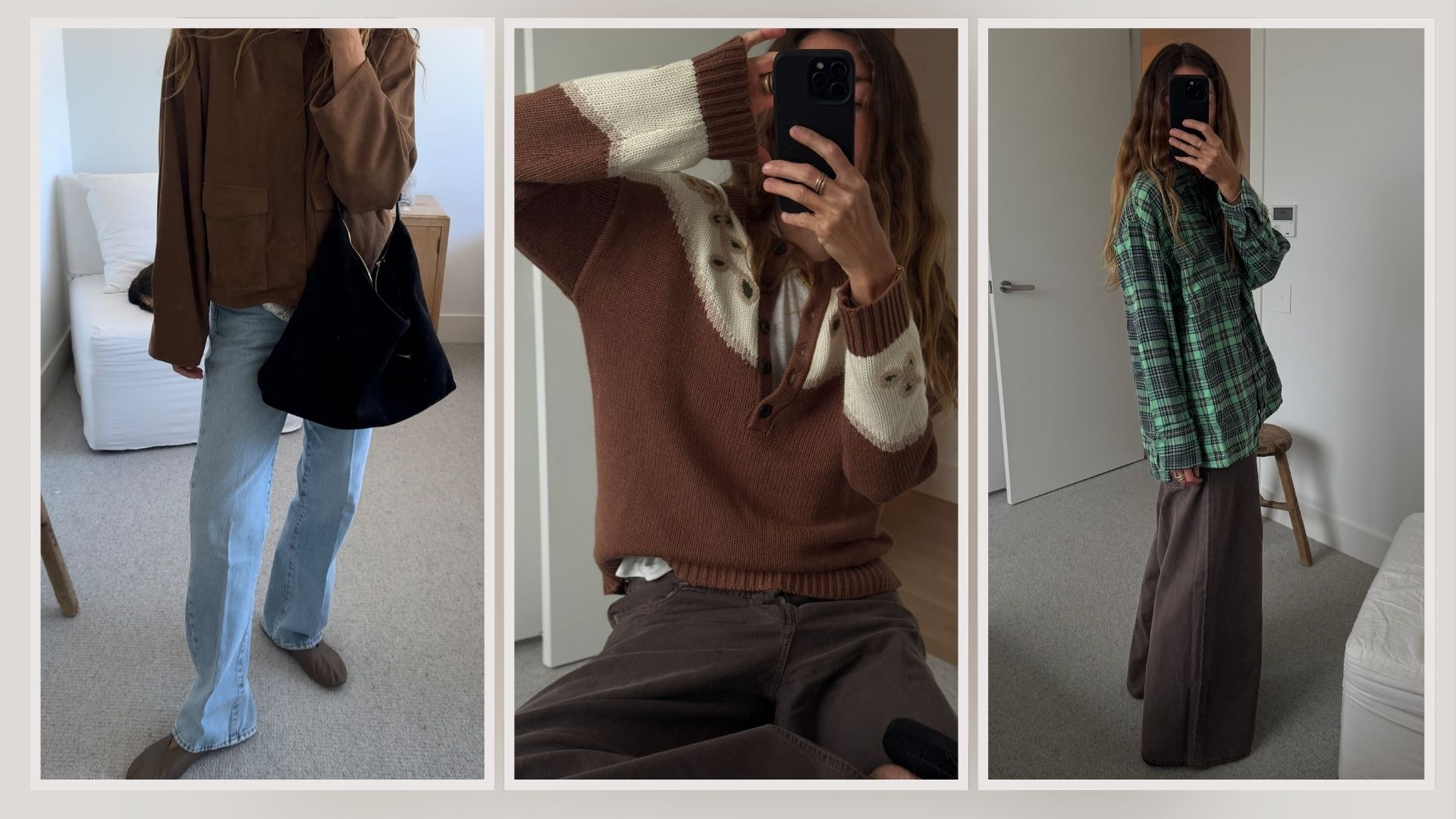 woman wears brown suede jacket, blue jeans and brown shoes; woman wears brown sweater and brown jeans; woman wears plaid shirt and brown jeans 