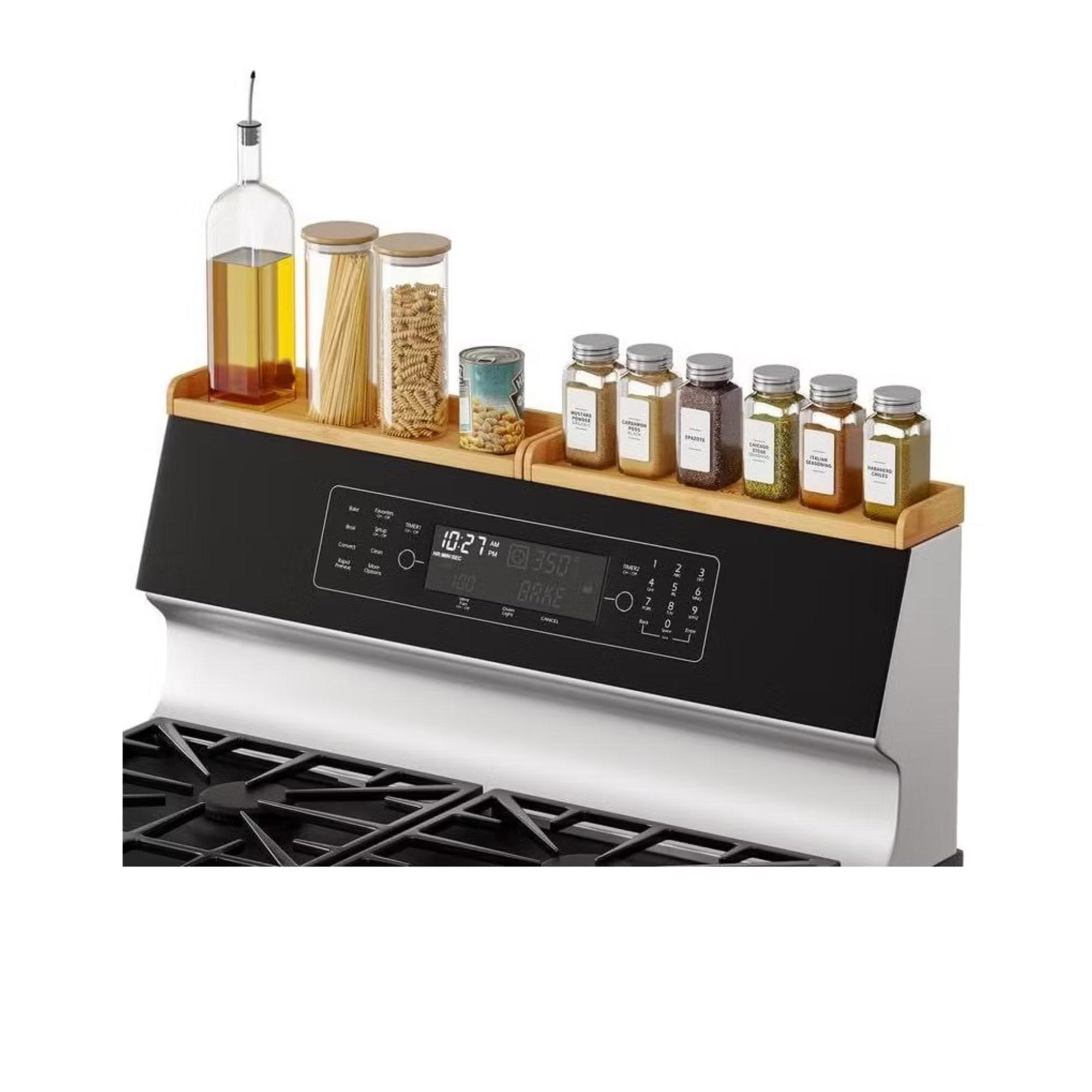 an oven with a magnetic wooden shelf on top of it