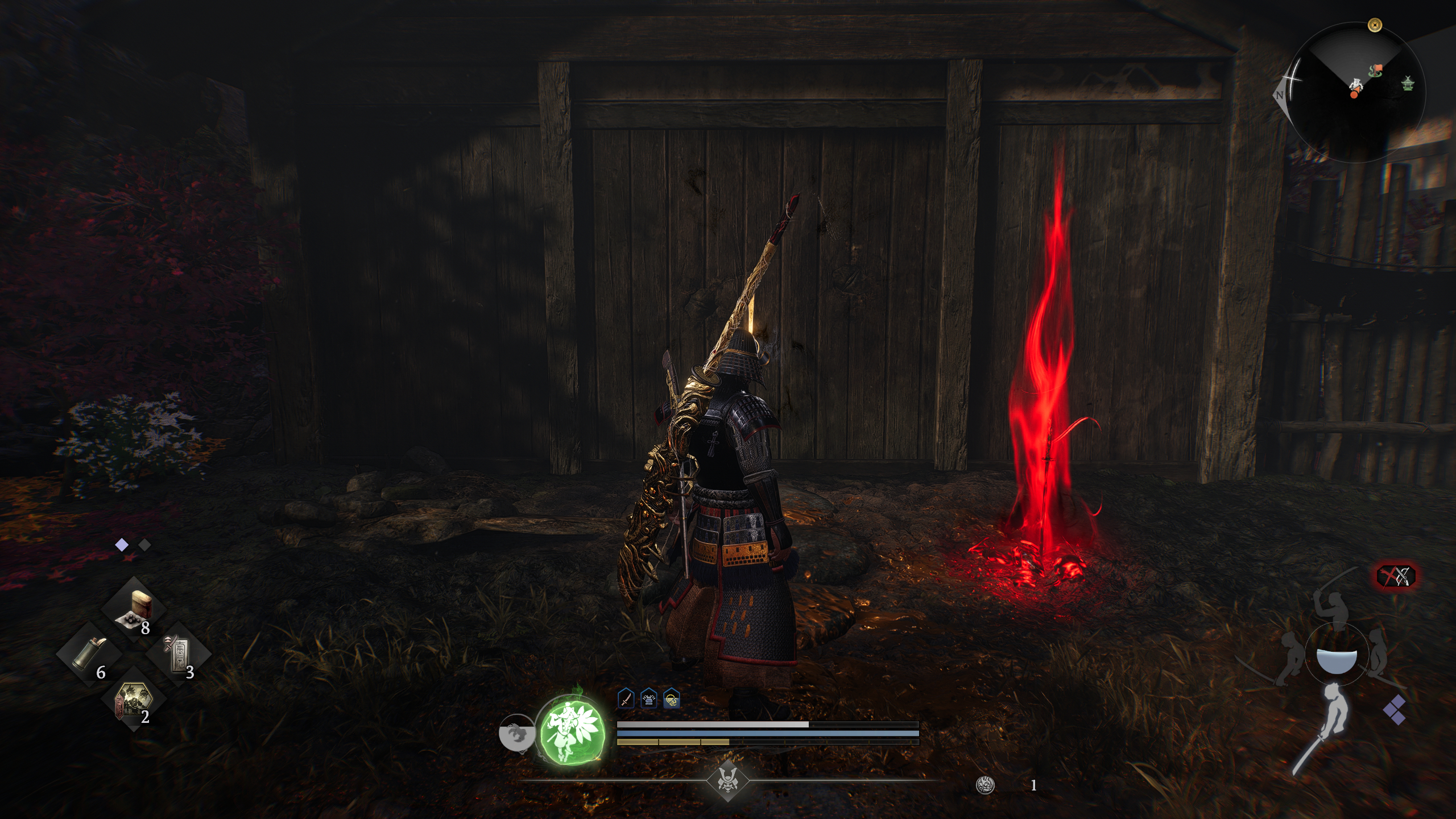 Nioh 3 emotes: A player looking at a Nurikabe pretending to be a wooden wall.
