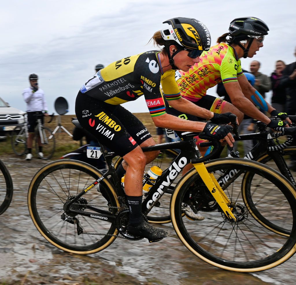Dutch Marianne Vos of Team JumboVisma pictured in action during the first edition of the women elite race of the ParisRoubaix cycling event 1165km from Denain to Roubaix France on Saturday 02 October 2021 BELGA PHOTO ERIC LALMAND Photo by ERIC LALMANDBELGA MAGAFP via Getty Images