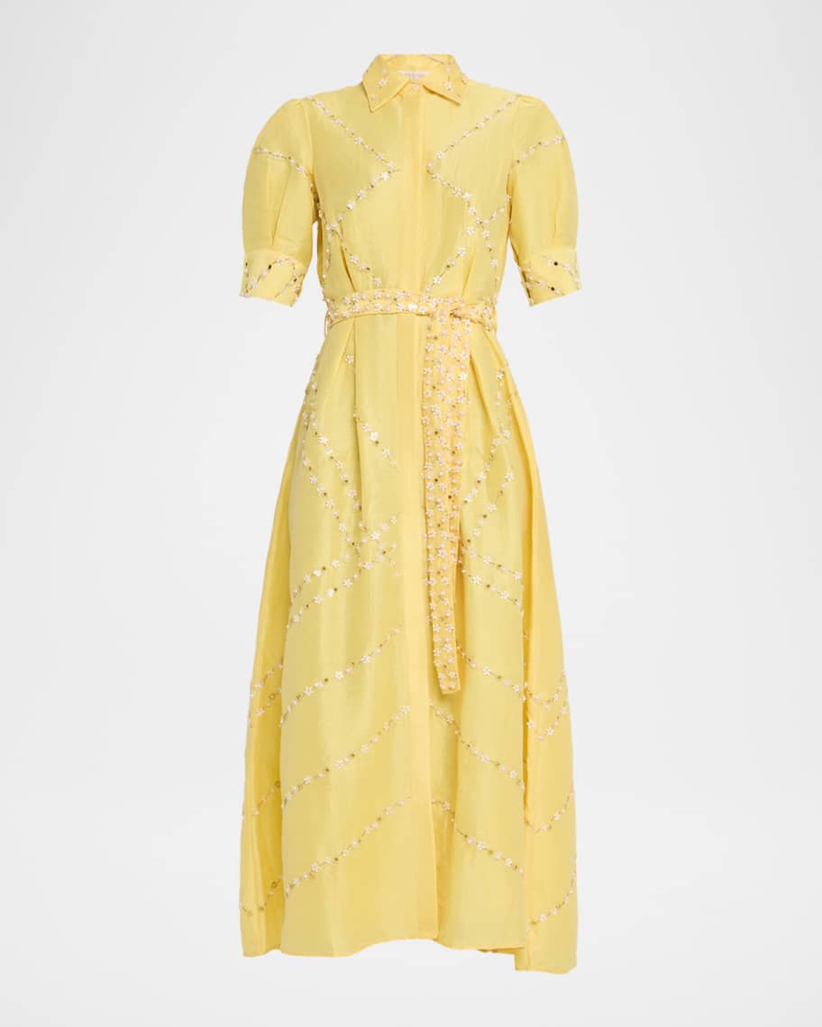 Embellished Organza Short-Sleeve Belted Midi Shirtdress