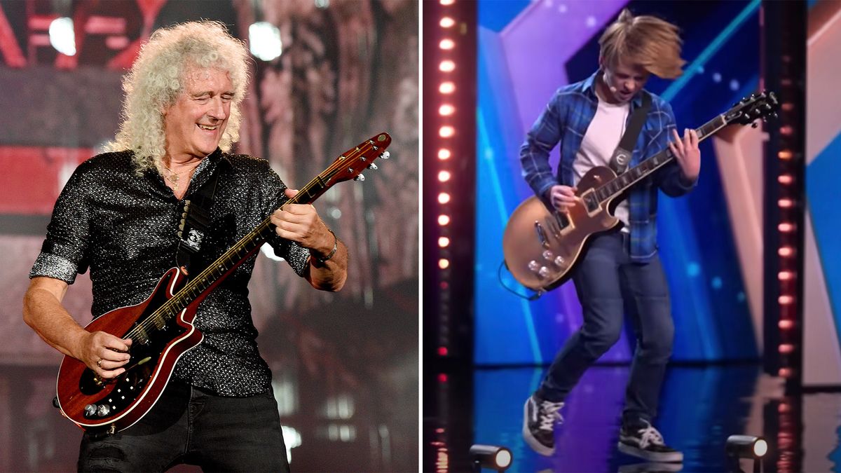 Brian May (left) and Harry Churchill perform onstage