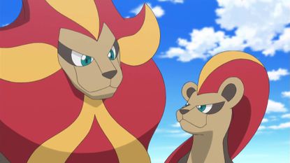 A male and female Pyroar seen in the Pokemon anime.