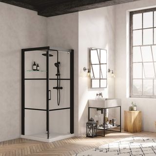 Neutral bathroom with black steel framed shower and wooden floor