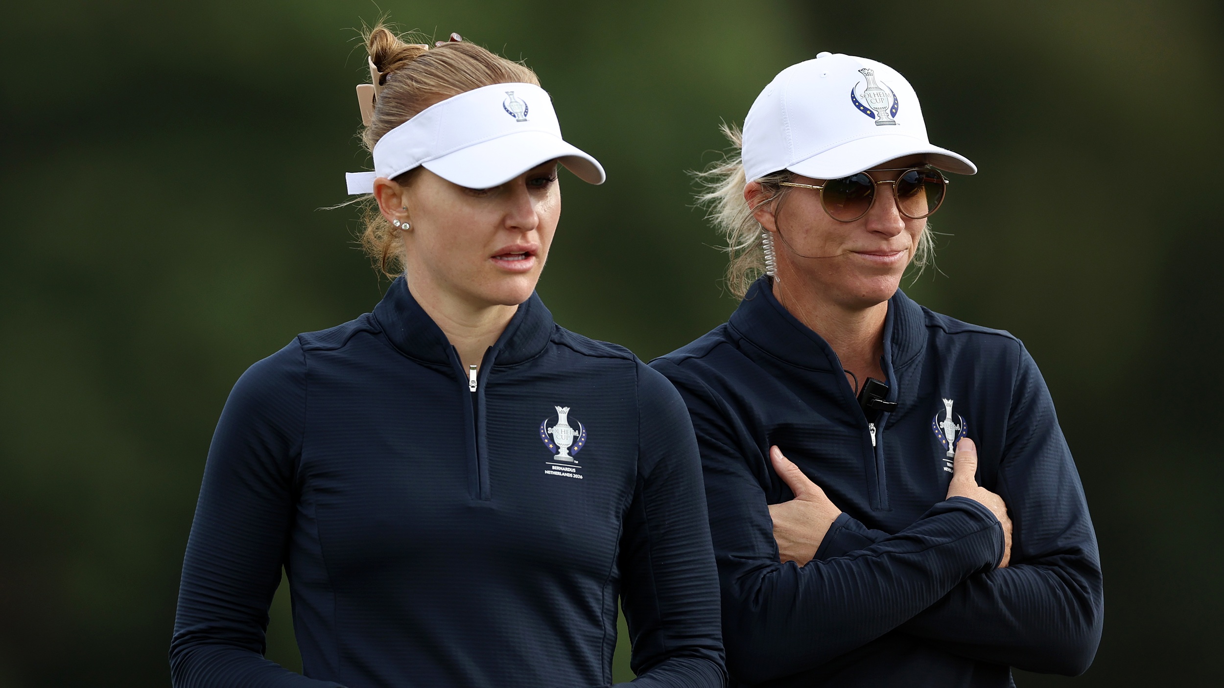 Charley Hull and Europe vice captain Mel Reid during practice for the 2026 Solheim Cup