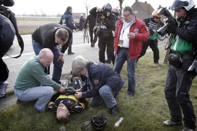 Tom Boonen (Omega Pharma-QuickStep) crashed early in the Tour of Flanders and abandoned the race.