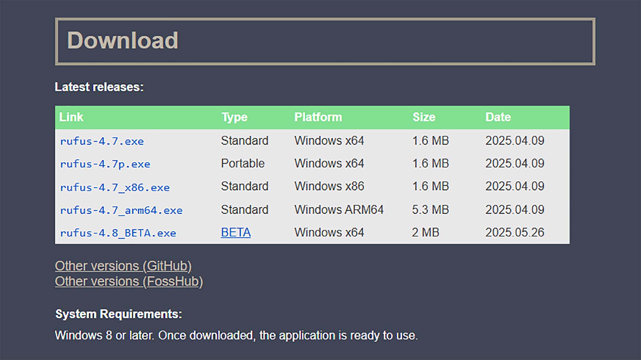 A screenshot of the Rufus website showing the lastest rufus executables you can download.