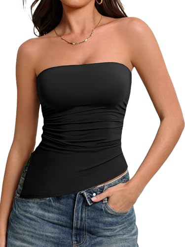 Avidlove Tube Tops for Women Trendy Summer Asymmetrical Ruched Strapless Shirts Spring Fashion Going Out Y2k Clothes Black