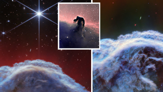 (Left) an image of part of the Horsehead nebula as seen by the JWST's NIRCam (Near-InfraRed Camera) instrument.(Right) another region visualised by The JWST instrument MIRI (Mid-InfraRed Instrument).