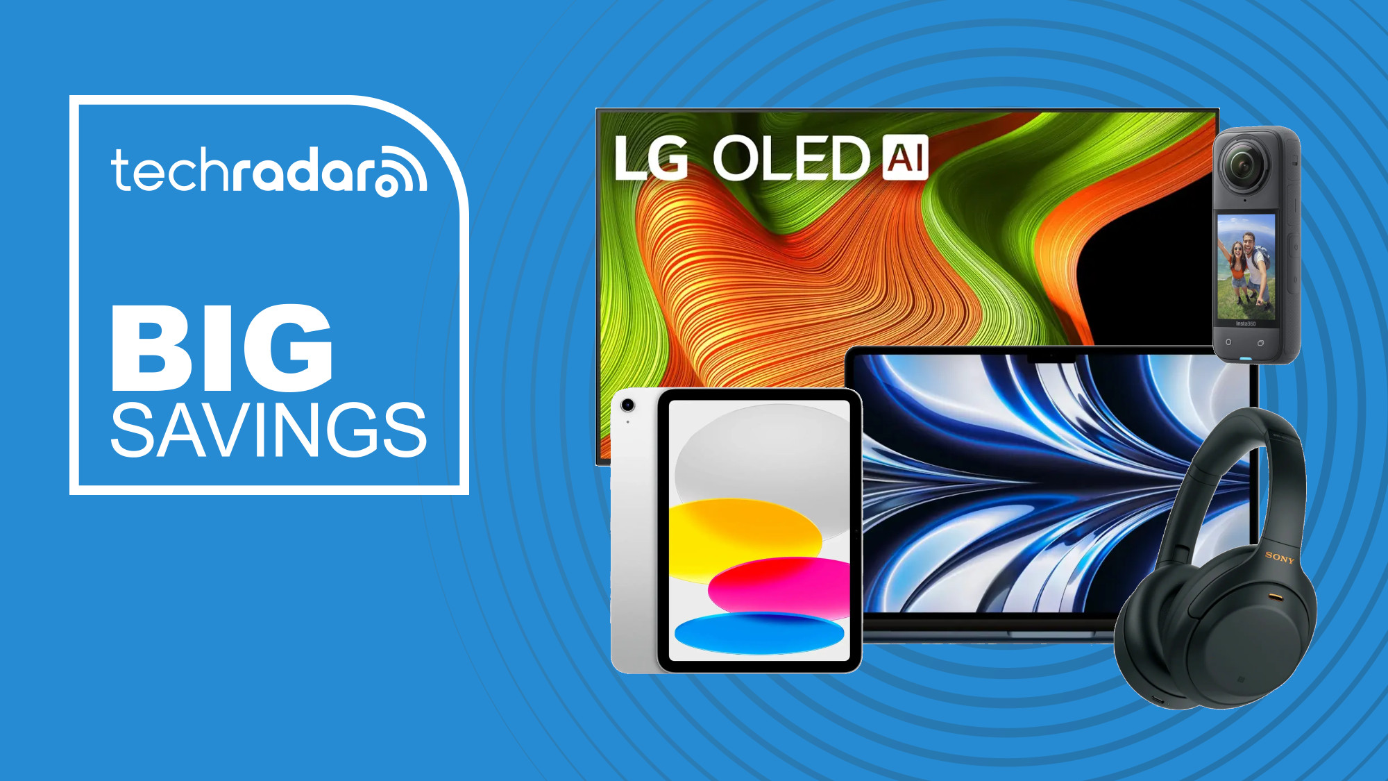 An LG OLED TV, MacBook, iPad, Sony headphones and Insta 360 camera on a blue background