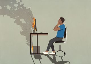 Shocked man sitting at smoking computer on fire illustration