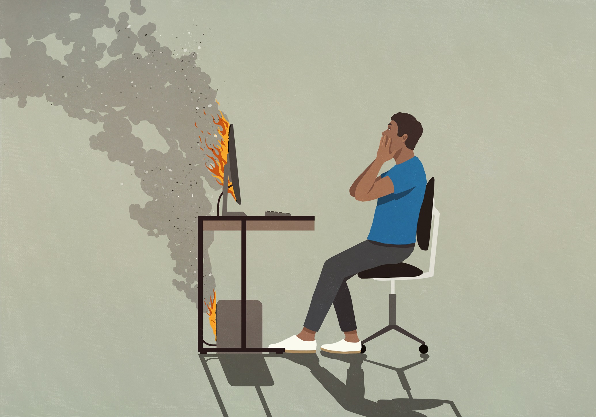 Homme choqué assis devant un ordinateur fumeur sur l'illustration du feu