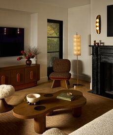 living room with modern rust and wood furniture