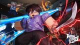 A boy in a purple short wields a glowing sword in Anime Zero on Roblox.