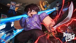 A boy in a purple short wields a glowing sword in Anime Zero on Roblox.