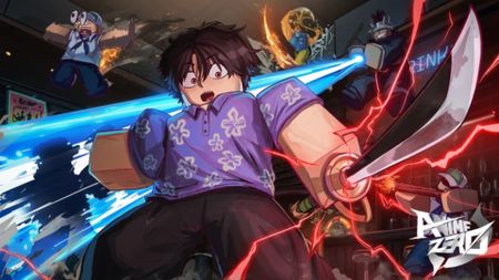 A boy in a purple short wields a glowing sword in Anime Zero on Roblox.