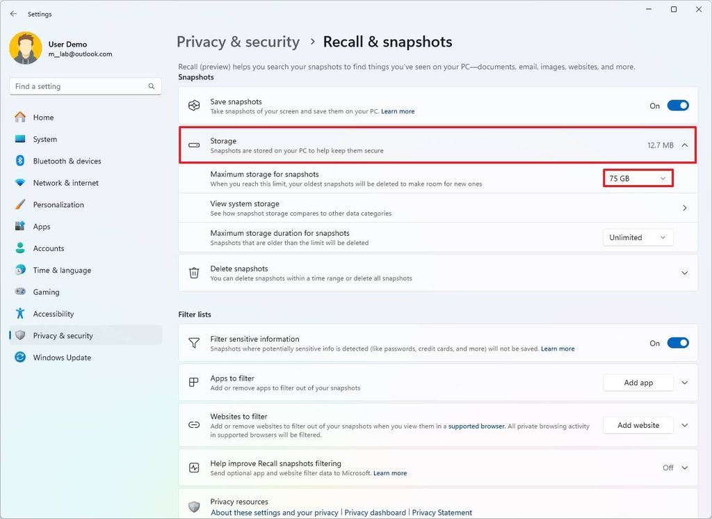 Recall storage settings