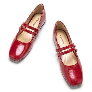 C.paravano Mary Jane Shoes for Women | Womens Square Toe Flats | Red Leather Mary Jane Flats | Ballet Flats for Wedding (size 9.5,red_c)